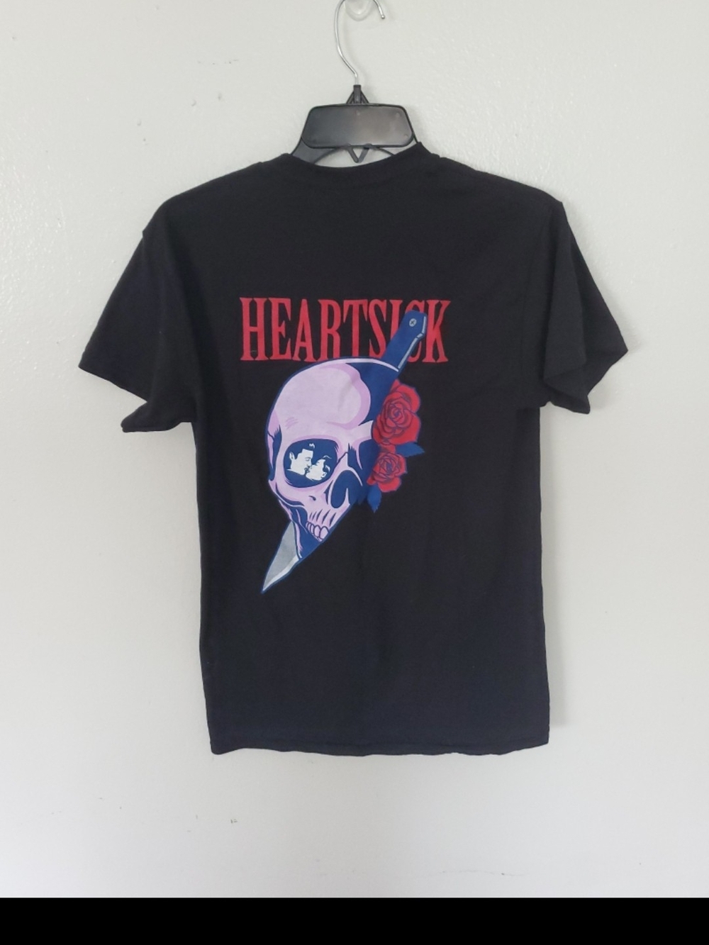 Black with Pink Skull, Red Roses and Blue Knife Graphic- HEARTSICK Band T